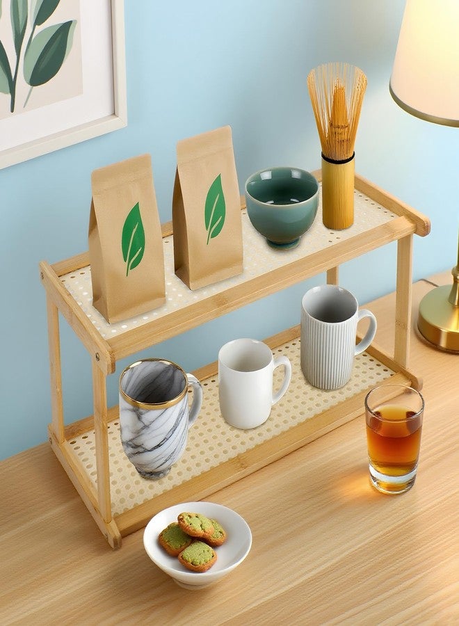 Klmnop 2 Tier Matcha Station, Wicker Look Bamboo Coffee Station Organizer for Kitchen Countertop, Matcha Station Shelf for Tea Coffee Bar Accessories, Matcha Stand, Green Tea Powder, Scoop Mugs - Image 3